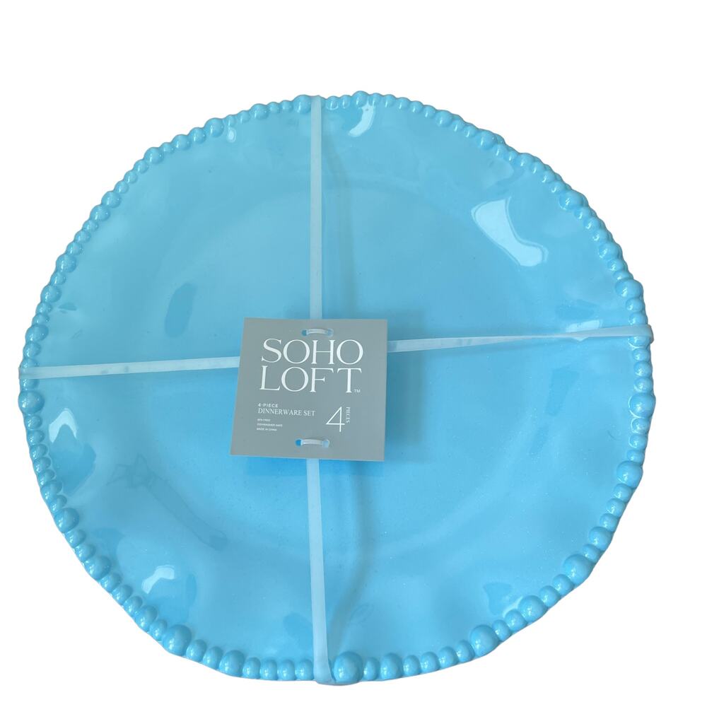 SOHO LOFT Sky Blue Melamine Scalloped Pearl Edge Dinner Plates 11" Set of 4 NEW